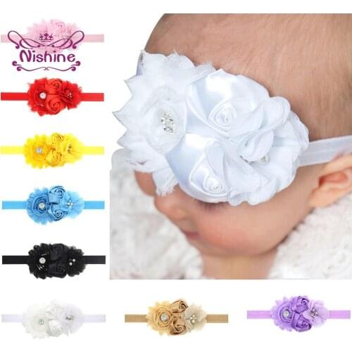 Nishine Fashion Rhinestone Floral Infant Elastic Headband Solid Color Rose Flowers Toddler Hairband DIY Headwear Birthday Gifts