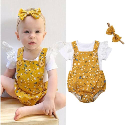 0-18M Newly Summer Cute Baby Girl 3PCS Sets Ruffle White Romper +Floral Print Shorts+Headband Clothes Outfits Sunsuit