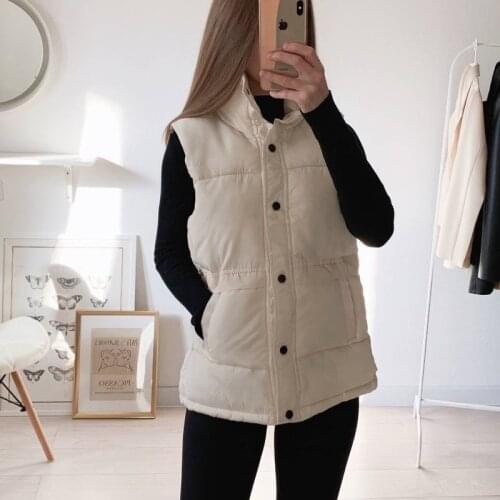 Autumn Winter Womens Solid Loose Vest Drawstring Stand Collar Long Vest Jacket Cotton Padded Womens Windproof Warm Waistcoat