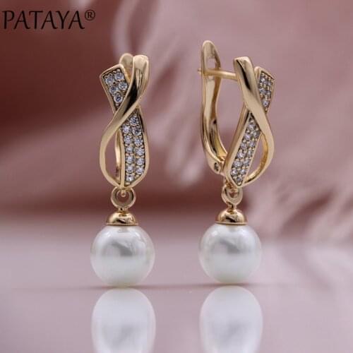 PATAYA New Hollow Long Earrings White Shell Pearl Drop Earrings 585 Rose Gold Natural Zircon Women Bohemian Fine Fashion Jewelry