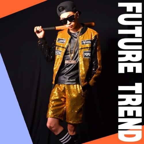 NightClub Male Singer DJ GD Gold Sequins Splicing Uniform Jacket Costumes Stage show bar costumes accessories
