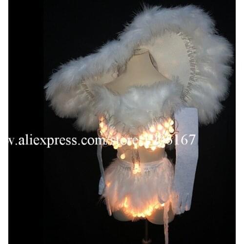 Christmas Led Luminous Sexy Lady Party Evening Dress Clothes Led Light Up Dance Team Stage Performance Bikini Suit Led Big Hat