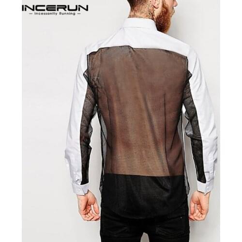 INCERUN Men Shirt Mesh Patchwork Back Transparent Lapel Long Sleeve Blouse Streetwear Fashion Party Nightclub Sexy Shirts Hombre