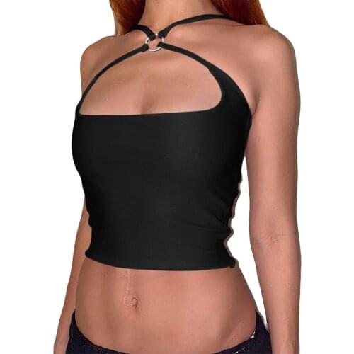 Sexy Women Tight Vest Cross Traps Ring Linked Low Cut Collar Sleeveless Backless Tight Camisole Summer Black BottommingTop