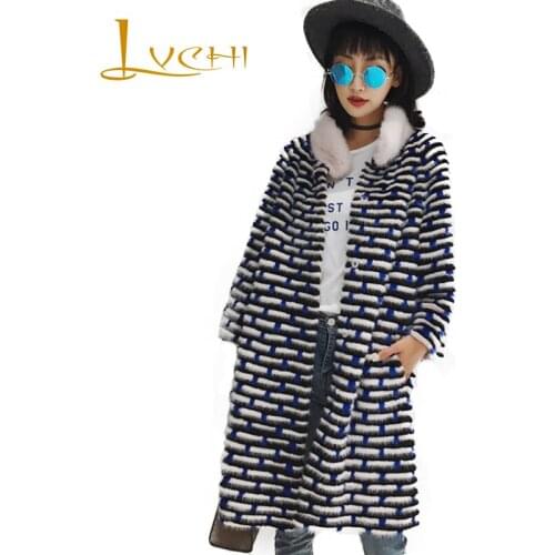 LVCHI Winter 2019 Plaid O-Neck Long Real Mink Fur Coats Patchwork Color Womens Fashion Long Sleeve Loss Long Causal Mink Coats