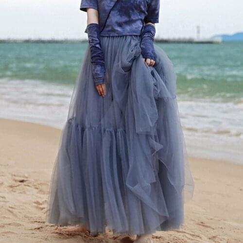 Ginzagirl 2021 Women Chiffon Long Skirts Bridesmaid High Waist Beach Summer Boho Maxi Saia Longa Faldas Ruffles Hem Gauze Skirt