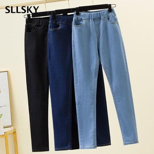 SLLSKY Fashion Elastic Waist Womens Jeans 2021 Autumn New Denim Pencil Pants Plus Size 6XL High Waist Ladies Long Denim Pants