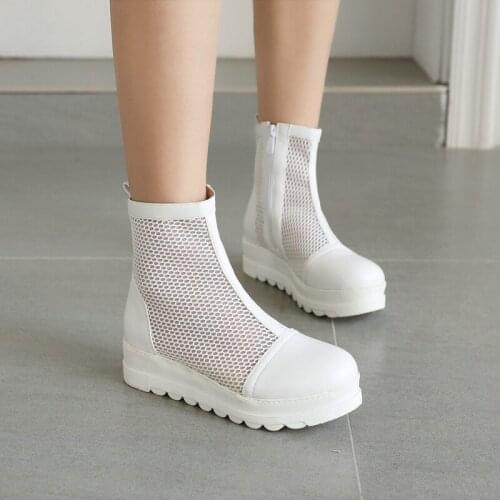 Women Mesh Ankle Boots Summer Round Toe Casual Boots Breathable Sweet Ladies Fashion Zipper Hollow Platform Martin Boots