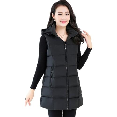 2020 Women Long Vest Winter hooded Turn down Collar Thick Cotton Coat Slim Waist Warm Plus Size 5XL Female Sleeveless Waistcoat