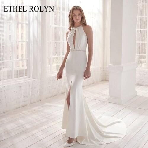 ETHEL ROLYN Mermaid Wedding Dress 2021 Halter Elegant Backless Satin Crystal Sashes Sleeveless Bride Dresses Vestido De Novia