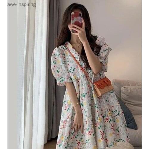 2021 Summer New Dress Temperament Sweet and Cute Doll Collar First Love Short Skirt Puff Sleeve Floral Short Paragraph Plus Size