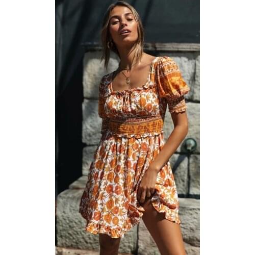 Happie Queens women floral print short sleeve elestic waist beach Bohemian mini dresses Ladies loose square collar rayon dress