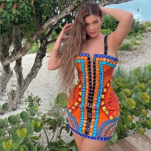 2020 New high quality Trendy Crystal Embellished Mesh Sexy Sleeveless Celebrity Party Club Orange Bandage Slip Dress wholesale