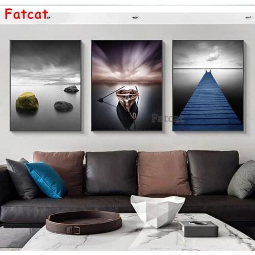 DIY Diamond Painting black style Lake scenery blue bridge yellow stone boat Modern decorative Diamond Embroidery Mosaic PP2716