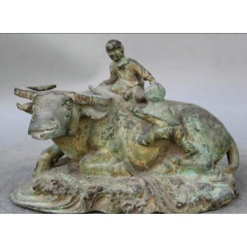 FREE SHIPPING S1924 11" Old Chinese Bronze Two Tong Zi Boy herder Zodiac Year Bull Oxen sculpture