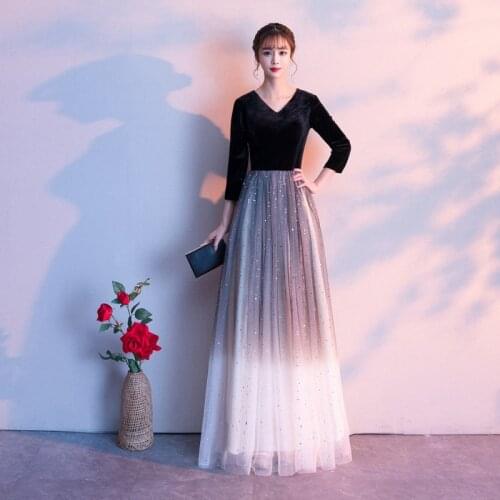 Black Simple V-Neck Evening Dress Empire Three Quarter Sleeve Sequins A-Line Elegant Floor-Length Woman Formal Party Gowns A1305