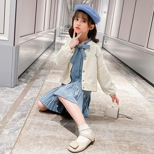 Spring Autumn Warm Girls Suit Cotton Coat + Dress 2Pcs/Sets Teenage Childrens School Bowknot Clothing Kids Party High Quality