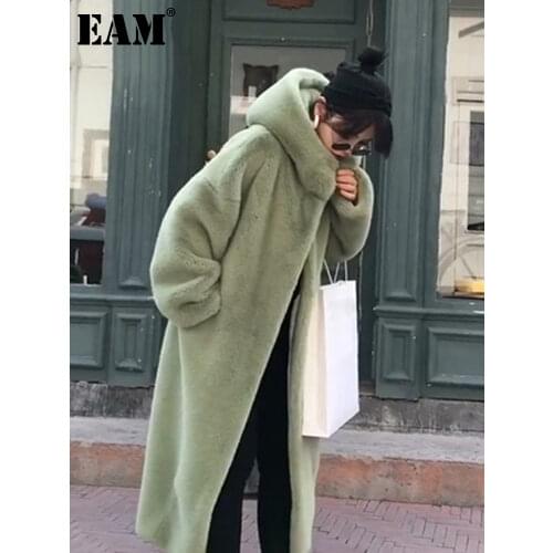 [EAM] Loose Fit Blue Big Size Warm Long Fake Fur Jacket New Hooded Long Sleeve Women Coat Fashion Tide Autumn Winter 2021 1DC957
