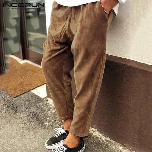 INCERUN Winter Men Corduroy Pants Streetwear Joggers Solid 2021 Drawstring Vintage Loose Trousers Men Casual Long Pants S-5XL
