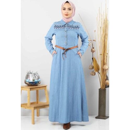 Kemerli Kot Elbise TSD6146 Açık Mavi