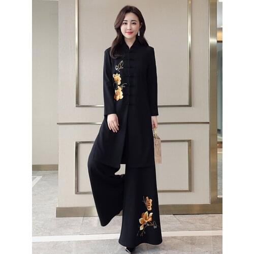 Chinese Style Two Piece Set Women Fashion National Embroidered Wide Leg Pants Clothing Vintage Plus Size Suit Conjuntos De Mujer