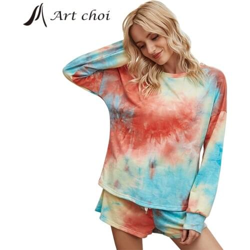 Women Fashion Pajamas Sets suit Home Service Two-piece Suit Casual Sleepwear Long-sleeved Shorts Tie-dye Leisure Wear Loungewear