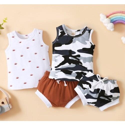 2Pcs Toddler Summer Outfit Camouflage/Sun Print O-Neck Tank Tops + Elastic Shorts for Baby Girls, Boys, 0-18 Months