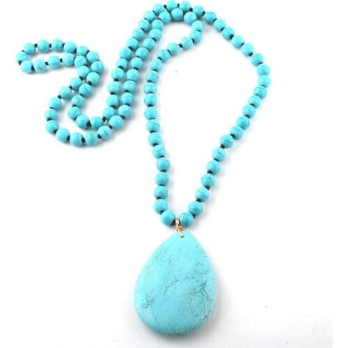 Fashion Bohemian Tribal Jewelry Turq Stone Long Knotted Stone Drop Pendant Necklaces