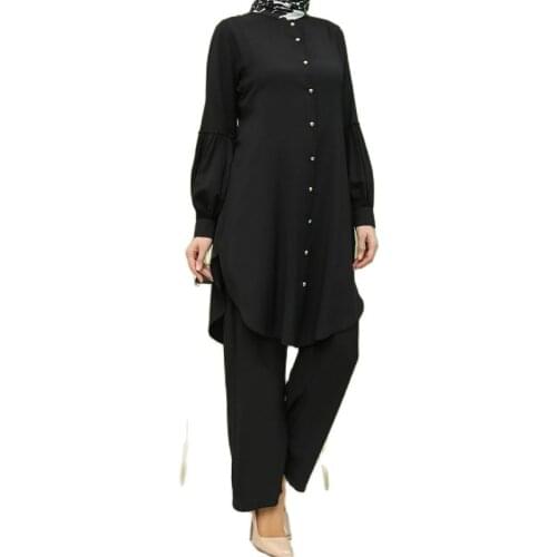 Muslim Women Buttoned Tunic + Pants Double Suit Buttoned Zero Tunic Length 105cm2021 Turkey New Season Tunic Casual Dress
