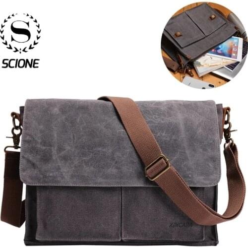 Scione Men‘s Vintage Canvas Messenger Bag Man Shoulder Side Leather Satchel Bag Husband Briefcase Laptop Travel Cycling BagsK094