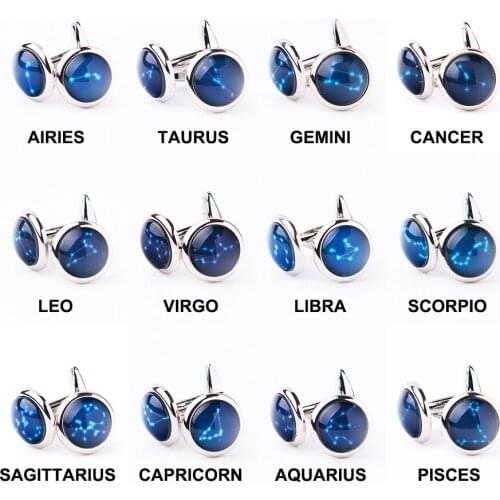 Novelty 12 Horoscopes Star Map Cufflinks Glass Cabochon Metal Jewelry French Shirt Cuff Links Anniversary Gift