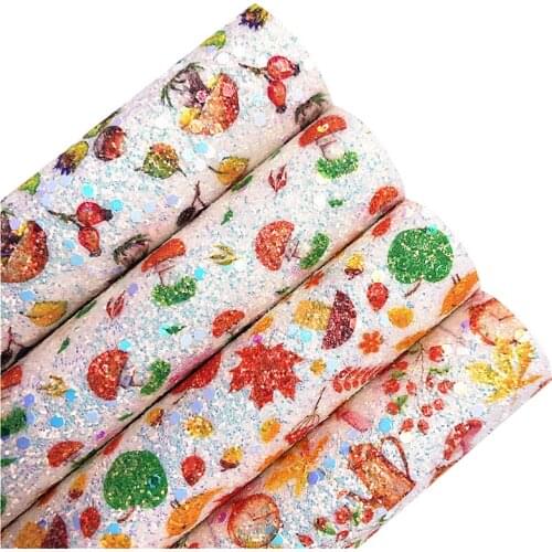 Autumn Leaves Mushrooms Printed Chunky Glitter Vinyl Fabric Sheet Felt Backing Synthetic Leather Faux Vinil DIY A4 SIZE R300A