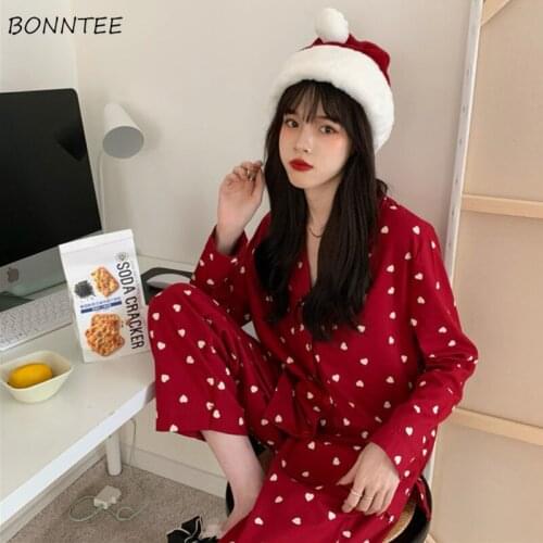 Two Pieces Pajama Sets Women Single Breasted Heart-print Korean Style Leisure Loose Trendy Cozy Tender Cute Female Spring Teens