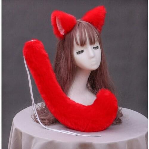 L93F Japanese Anime Cosplay Costume Set Solid Color Faux Fur Kitten Wolf Ears Headband with Plush Animal Long Tail Halloween