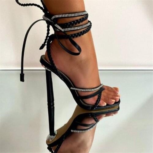 Sexy Crystal Sandals Ladies Pumps Open Toe Women High Heel Rhinestone Strap Sandals Lace Up Narrow Band Gladiator Shoes