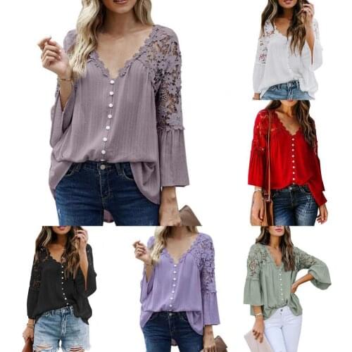 Women Tops Shirt Lace Blouse Summer Tops Sexy Blouse Lace Pullover Flare Sleeve V Neck Top See Through Back Large Hem Shirt Tops