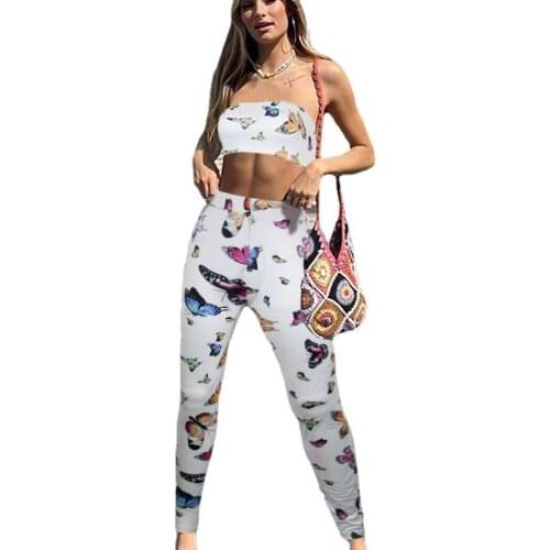 Women White Trouser Suit Sleeveless Wrap Chest Pullover Blouse Pencil Trousers Butterfly Print 2021 Summer Womens Suit