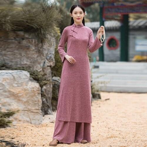 Woman Cheongsam Hanfu Dress Set Chinese Style Sets Oriental National Tai Chi Clothing Women Vintage 2 Piece Tang Suit TA2398