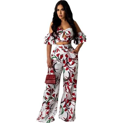Womens Sexy Wrapped Chest Stitching Lotus Leaf Sleeve Fashion Printing Wide-Leg Pants Suit