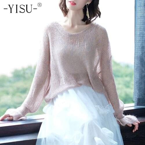 YISU Women Knitted Mohair sweater Autumn Winter Long Sleeve O-Neck Mohair Pullover Female Casual Jumper Top sweater