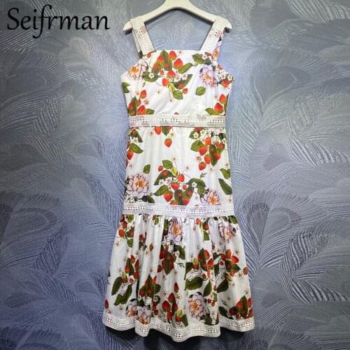 Seifrmann New 2021 Summer Women Fashion Runway Party Midi Dress Sexy Spaghetti Strap Lace Floral Print Elegant Ladies Dresses
