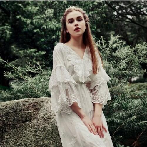 Women Original Design Spring Summer Vintage Elegant Slim Embroidery Lace Dress Casual Loose White Long Dresses