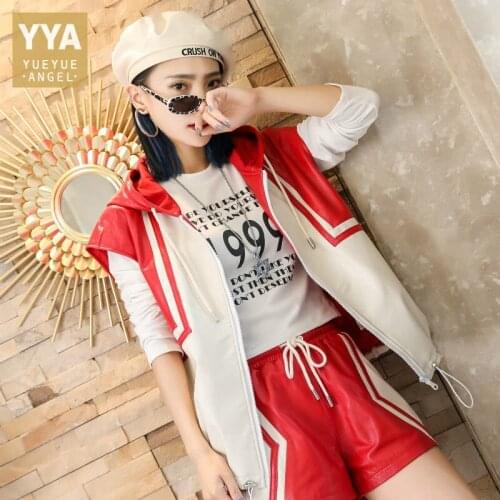 High Street Women Sheepskin Genuine Leather Vest Ladies Casual Hoody Sleeveless Jacket Hip Hop Colors Mixed Waistcoat Tops Vests