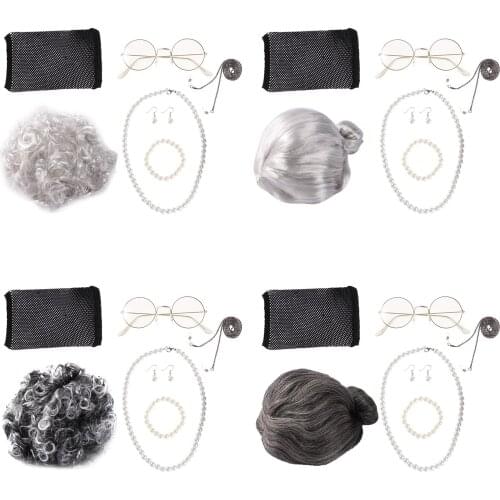 7Pcs Old Lady Cosplay Costume Set Grandma Wig Cap Glasses Chain Pearl Bead Necklace Earring for Halloween Grandmother Role Play