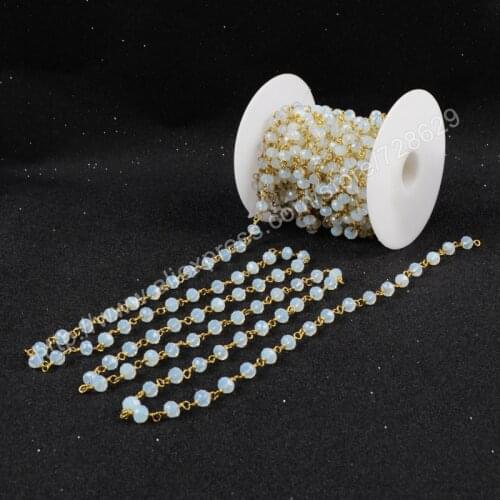BOROSA 5mm DIY 5Meter/lot Wire Wrapped Beaded Rosary Chain Faceted Crystal White Manmade Opal Beads for Necklace Bracelet JT025