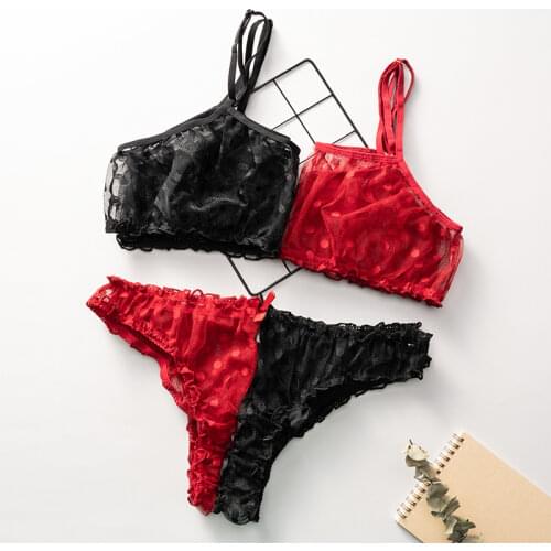 New Sexy Lingerie Underwear Polka Dot Mesh Frill Trim Lace Lingerie Set Black and Red Top Lace Invisible Bra Set Bras for Women