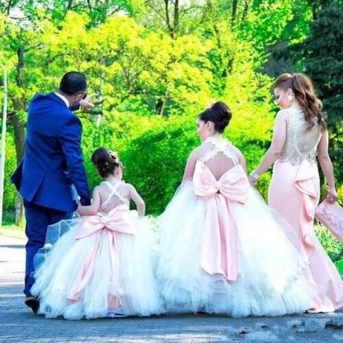 Flower Girl Dresses For Weddings Cross Back Lace Handmade Flowers Girls Pageant Dress Back Big Bow Layered Kids Communion Gown