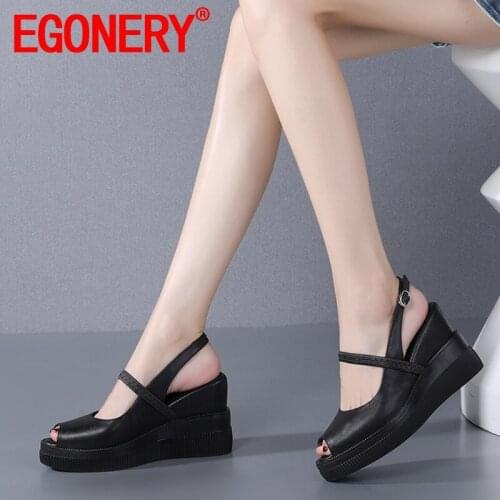 EGONERY Women Genuine Leather Slope Heel Sandals summer New Style Peep Toe Concise Comfortable Fashion soft office lady