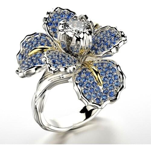 Fashion Female Big Flower Zircon Love Ring Charm Blue Crystal Party Engagement Ring Elegant Silver Color Wedding Rings For Women