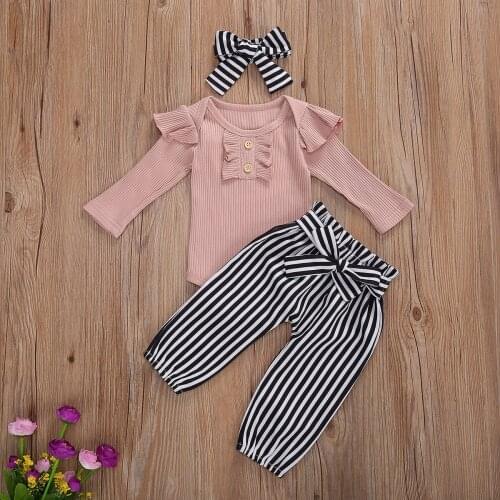 Three Piece Baby Girl’s Clothes Set Solid Color Long Sleeve Jumpsuit and Stripe Floral Pants with Headband